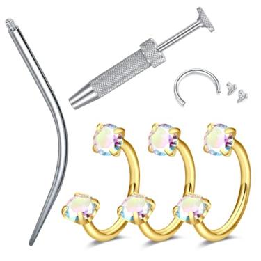 Imagem de LAURITAMI Piercing de nariz em ferradura 18G, piercing de nariz de aço cirúrgico, zircônia cúbica, piercing de nariz dourado, anéis de nariz roscados internamente para mulheres