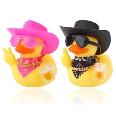 Imagem de 2 Peças Patos de Borracha Inovadores, Patos de Borracha Legais com Óculos Sol, Colar, Chapéu Cowboy, Cachecol Acessório Decoração Carro Fofo para Amantes, Amigos e Família