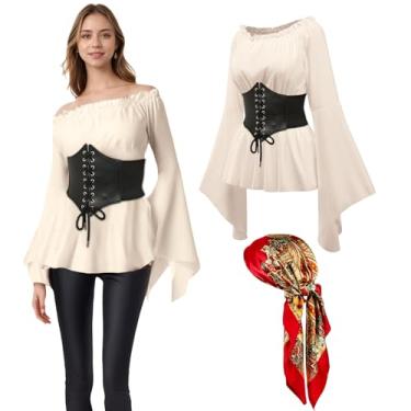 Imagem de Fantasia feminina de pirata, blusa, espartilho e cinto, fantasia medieval renascentista, camisa de pirata com ombro de fora (bege, PP)