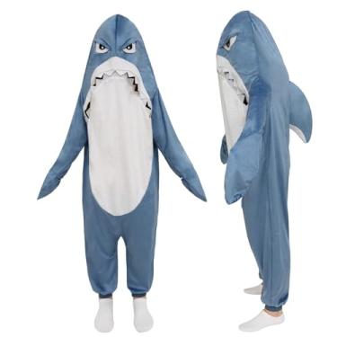 Imagem de ROC PARTY Macacão de fantasia de tubarão – Roupa de uma peça com capuz cinza-azul, pijama de animal macio para Halloween, fantasia e diversão M