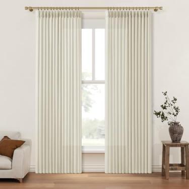 Imagem de Cortinas de linho plissadas Cream Pinch de 92 polegadas de comprimento para quarto, sala de estar, cortina semitransparente com filtro de luz boho com mistura de linho neutro em forma de memória e aba