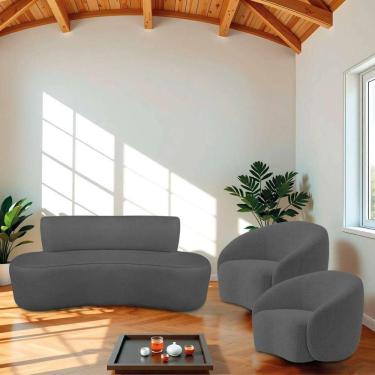 Imagem de Kit Recamier Curvo Amsterdã 130cm E 2 Poltrona Amore Luxo Linho Cor Cinza Escuro