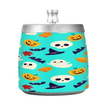 Imagem de Qilmy Cinzeiro de aço inoxidável Cute Ghosts com tampa - Cinzeiro de cigarro à prova de vento sem cheiro sem fumaça para casa, escritório, carro, pátio, varanda (uso interno e externo)