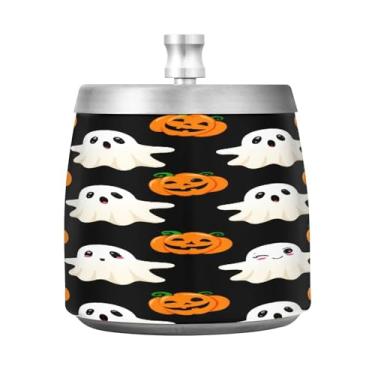 Imagem de Qilmy Cinzeiro de aço inoxidável padrão de Halloween com tampa - Cinzeiro de cigarro à prova de vento sem cheiro sem fumaça para casa, escritório, carro, pátio, varanda (uso interno e externo)