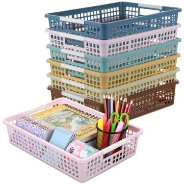 Imagem de gisgfim Pacote com 6 bandejas de papel de plástico para sala de aula, organizadores de cestos para escola, professores, sala de aula, escritório, casa, organização e bandeja de armazenamento, comporta