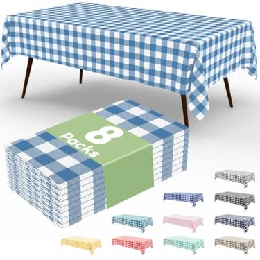 Imagem de misaya Pacote com 8 toalhas de mesa descartáveis de búfalo, 137 x 272 cm, toalha de mesa de plástico impermeável retangular, água-marinha e branco quadriculado para piquenique, aniversário, festa