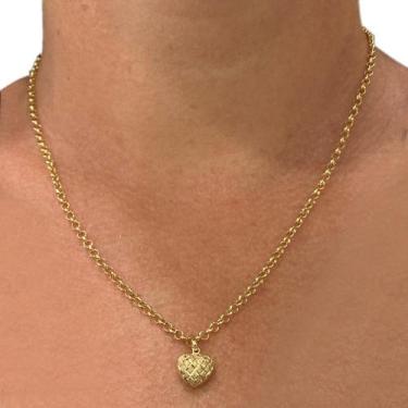 Imagem de Cordão Portuguesa de Ouro 18k 45cm com Pingente Coração Trabalhado Cor