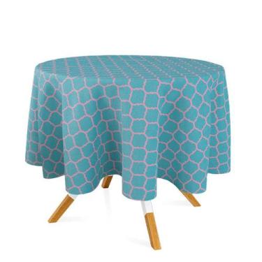Imagem de Toalha de Mesa Redonda em Tecido Jacquard Azul Bebê Geométrico Tradici