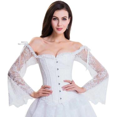 Imagem de Corset Corselet Blusa Modeladora Manga Comprida Renda Linha Clássica Branco M447