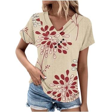 Imagem de Camisetas femininas plissadas com estampa floral longa e fina túnica feminina manga curta gola V camisas verão outono 2024, Z-880 cáqui, M