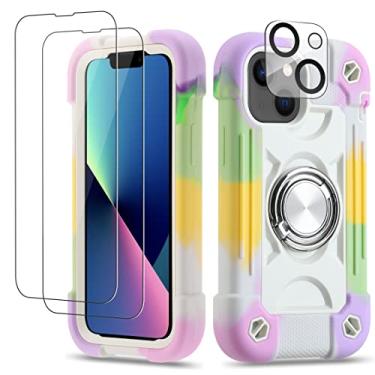 Imagem de Cookiver Capa para iPhone 13 Mini/iPhone 12 Mini de 5,4 polegadas com suporte de anel, com 2 películas de vidro + 1 pacote de protetor de lente de câmera, capa resistente de grau militar (branco arco-íris)