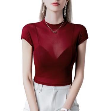Imagem de Yueary Blusa feminina elegante de malha sólida com gola redonda e gola redonda canelada para trabalho slim fit, Vermelho, P