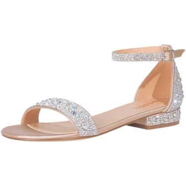 Imagem de SheSole Sandália feminina de strass de salto baixo brilhante com tira no tornozelo, sapatos para noivas, vestido de casamento, prata, ouro, Dourado, 38