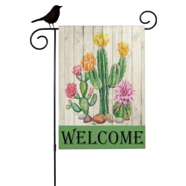 Imagem de Mugod Bandeira de jardim de cactos e flores, 30 x 45 cm, vertical dupla face, cactos rústicos, planta verde com flores cor-de-rosa, bandeiras de serapilheira para decoração externa de casa de fazenda