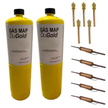 Imagem de 2 Refil P/ Maçarico Gás Map + 5 Valvula Schrader + 5 Filtro - Brazan
