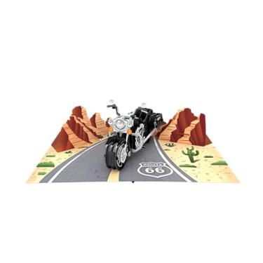 Imagem de ASVP Shop Cartão de felicitações de aventura de motocicleta - Cruzador pop-up 3D na rota 66 com cenário de montanha