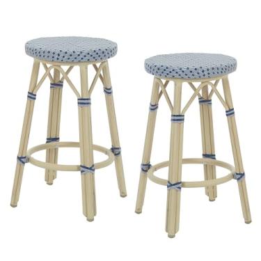 Imagem de Greemotion Binde Boho 66 cm Bancos de alumínio e vime para todos os climas com apoio para os pés, bancos de pátio e cadeiras de bar para ambientes externos, balcão de cozinha, piscina, quintal,