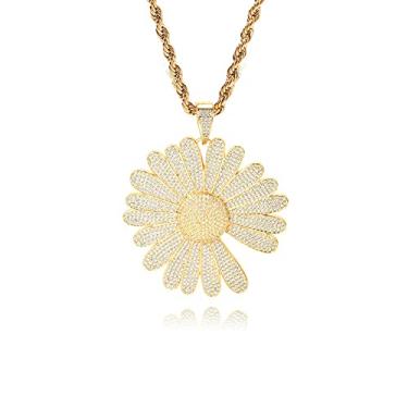 Imagem de BLBLJERY Colares de girassol grandes para mulheres, com pingente de margarida, colar de flores, zircônia cúbica pavimentada, pingente de gelo, Latão, Zircônia cúbica