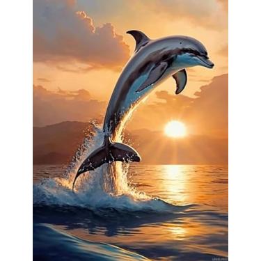 Imagem de UPABLUNSO Pintura de diamante do pôr do sol, golfinho saltador, adequada para decoração de casa de diamante redondo faça você mesmo, imagem rica e vívida, adequada para iniciantes, decoração de