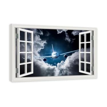 Imagem de Arte de parede em tela de janela aberta, impressão natural em tela, "Avião no céu 53.3 cm, decoração de parede de paisagem de janela, decoração de casa moderna. Moldura interna 80x120cm-31x47in