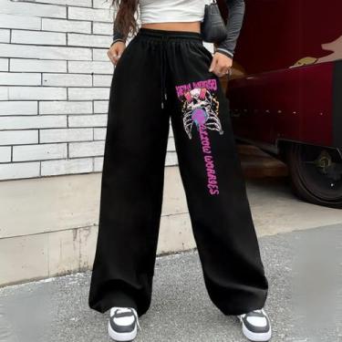 Imagem de Calça Moletom Feminina Masculina Wide Leg Barra Reta Inverno Caveira S