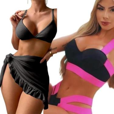 Imagem de Kit Biquini Neon Tiras Grossa E Saia Pareô Curta Saída PraiA blogueira