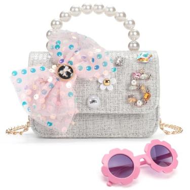 Imagem de LJCTULY Bolsa infantil para meninas com óculos de sol, bolsa transversal infantil com alça de pérola, bolsa pequena para meninas, Cinza