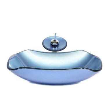 Imagem de Cuba de Vidro Abaulada 45cm Azul + Válvula + Torneira Cascata Azul