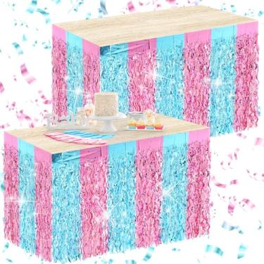 Imagem de Oudain Decorações de festa reveladoras de gênero, pacote com 2 saias de mesa com franjas metálicas onduladas azuis e rosa para meninos ou meninas
