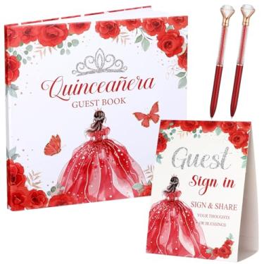 Imagem de Threehoney Conjunto de 3 peças de livros de visitas de quinze anos 15 lembrancinhas de festa de quinze anos com placa em pé e caneta de diamante com base decorações de aniversário de 15 anos (vermelho