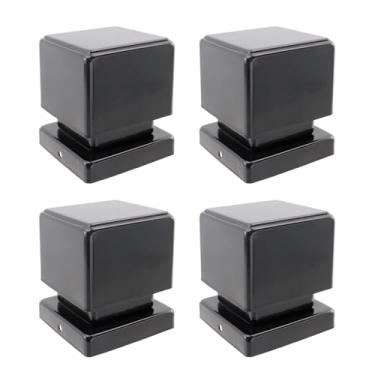Imagem de Tsnamay Tampas de poste de ferro preto em forma de quadrado para postes de cubo de 8 x 8 cm, encaixe de cobertura plana com parafusos para postagem de jardim de cerca ao ar livre e decoração de