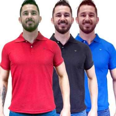Imagem de Kit 3 Camisas Gola Polo Masculina Piquet Lisa Camisaria Colombo, Preto
