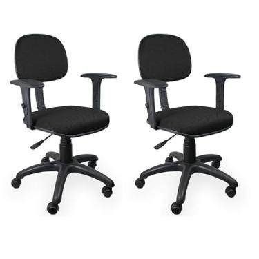 Imagem de Kit 2 Cadeiras Secretária Giratória de Escritório com Braços, Estofada em Tecido Ergonômico Preto, Estrutura de Aço e Rodízios de Nylon - Escritex