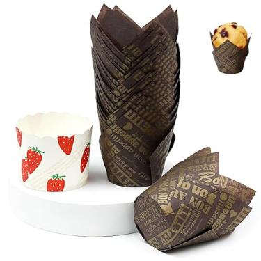 Imagem de 50 peças de forros de cupcake marrom café com estampa do alfabeto, forros de muffin, embalagens de cupcake pequenas, copos de cozimento, à prova de gordura e sem cheiro