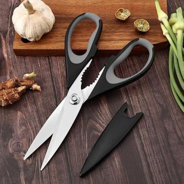 Imagem de Tesoura de cozinha multiuso resistente, tesoura de utensílios de cozinha com bainha protetora e alça confortável, conjunto de utensílios de cozinha de aço inoxidável para carne, legumes, ervas
