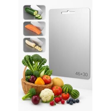 Imagem de Tábua de Corte de Titânio para Cozinha Aço Inoxidável e PP, Superfície Higiênica para Carnes, Frutas e Vegetais, Afiador Integrado, Canaletas Antirrespingo, Base Antiderrapante Tábua Inox de Cortar