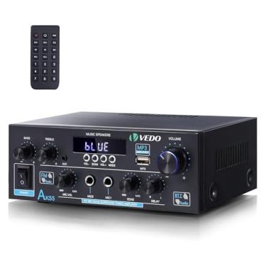 Imagem de Amplificador estéreo de 2 canais AK55 com Bluetooth 5.0, entradas USB/FM/MIC/RCA, graves e agudos ajustáveis, amplificador compacto e potente para home theater, colunas, TV, PC e karaoke