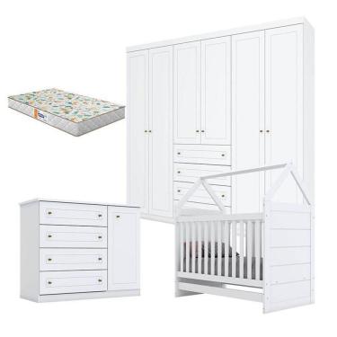 Imagem de Quarto De Bebê Americano 6 Portas Com Berço Montessoriano Branco Hp E Colchão Gazin - Henn