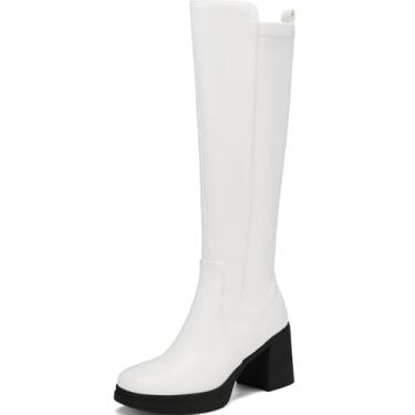Imagem de TEAIEUI Botas de cano alto femininas plataforma salto grosso bico quadrado bota alta para mulheres salto alto zíper lateral botas longas, Branco, 35