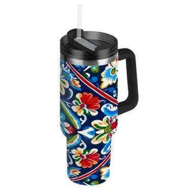 Imagem de Blueangle Copo de cerâmica mexicano de 850 g com alça e tampa de palha, caneca de viagem de aço inoxidável isolada a vácuo de parede dupla, garrafa de água reutilizável para academia de escritório ao