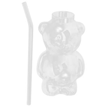 Imagem de PRETYZOOM Copo de beber em forma de urso com canudo, caneca de vidro de 300 ml para coquetéis, bebidas, copo de urso reutilizável para casa, festas