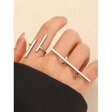 Imagem de Anel aberto com barra paralela dupla prateada (tamanho-7) Anel de aço inoxidável simples acessórios de dedo feminino