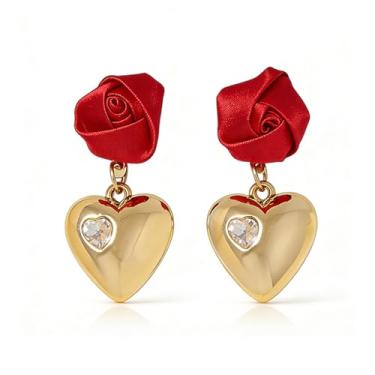 Imagem de Brinco de coração rosa para mulheres, tecido rosa vermelha, brincos de coração banhados a ouro 18 k, presente de aniversário para esposa, namorada, mãe, Medium, Metal, Sem pedra preciosa