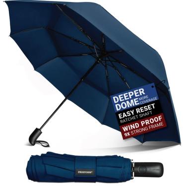 Imagem de PROSTORM Guarda-chuva de viagem com ventilação dupla à prova de vento com abertura e fechamento automático, compacto Pro Storm, Azul, 46 inches