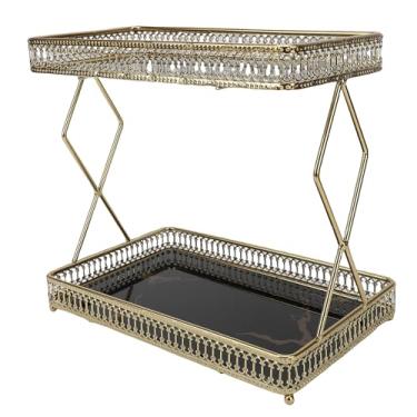 Imagem de Fafeicy Prateleira de Armazenamento para Bancada de Banheiro, Organizador que Economiza Espaço de 2 Camadas Com Vidro de Ferro para Cosméticos, Perfumes e Joias (Preto com padrões dourados)