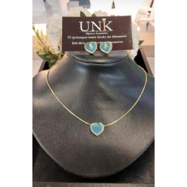 Imagem de Kit Colar e Brinco Semi Joia Pedra Azul - UNIK