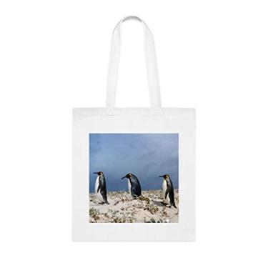 Imagem de Sacola de três pinguins rei, presente divertido, bolsa de ombro, bolsas reutilizáveis, cesta de Natal de aniversário ideia de presente, Branco
