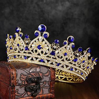 Imagem de Coroa de rainha de safira e tiara para mulheres e meninas, fantasia de coroa de princesa barroca completa de strass para casamento, aniversário, festa de formatura, concurso de Halloween (ouro e azul)