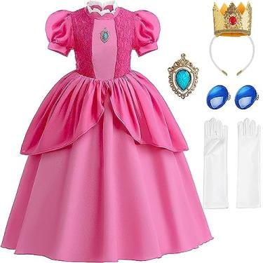 Imagem de JNMTZ Girls Princess Dress Costume for Princess Peach Cosplay Costumes Pink Kids Outfits with Crown for Halloween Birthday Party