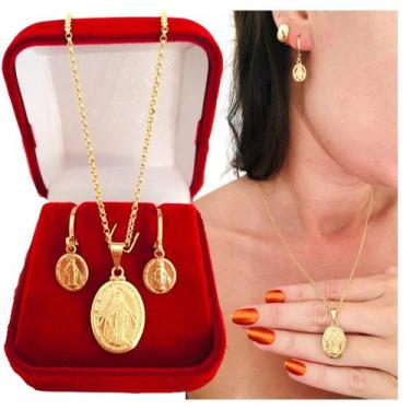 Imagem de Conjunto Colar E Brinco Medalha N Senhora Das Graças Banhada - Dinis J